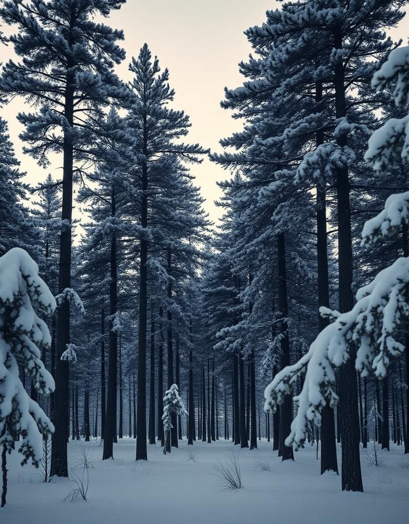 Stillwood — pine forest in winter silence, minimal Nordic poster