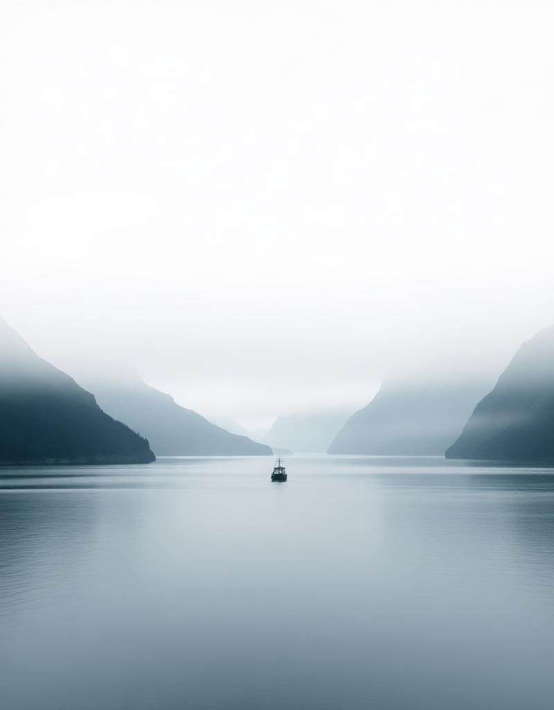 Fjordsong — lone vessel in a sea of mist, minimal Scandinavian landscape print